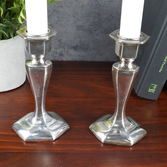 Pair of Vintage Silver Tone Art Deco Candle Holders 1930's Candle Stick Holders - Picture 3 of 16